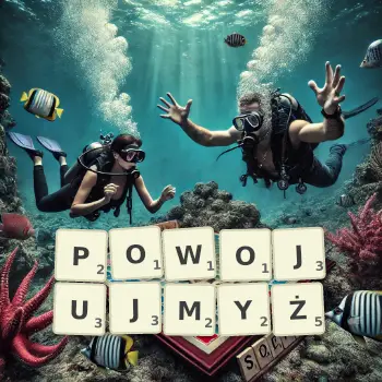 Kreatywna ilustracja do gry w Scrabble ze słowem POWOJUJMYŻ ułożonym z płytek na planszy.