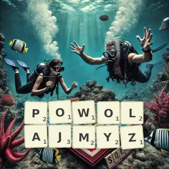 Kreatywna ilustracja do gry w Scrabble ze słowem POWOLAJMYZ ułożonym z płytek na planszy.