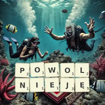 Kreatywna ilustracja do gry w Scrabble ze słowem POWOLNIEJĘ ułożonym z płytek na planszy.
