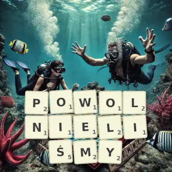 Kreatywna ilustracja do gry w Scrabble ze słowem POWOLNIELIŚMY ułożonym z płytek na planszy.