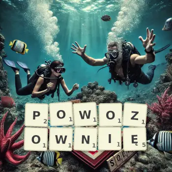 Kreatywna ilustracja do gry w Scrabble ze słowem POWOZOWNIĘ ułożonym z płytek na planszy.
