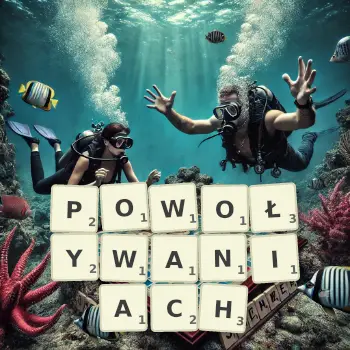 Kreatywna ilustracja do gry w Scrabble ze słowem POWOŁYWANIACH ułożonym z płytek na planszy.