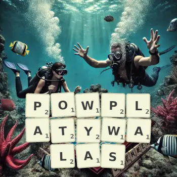 Kreatywna ilustracja do gry w Scrabble ze słowem POWPLATYWALAS ułożonym z płytek na planszy.
