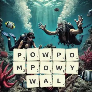Kreatywna ilustracja do gry w Scrabble ze słowem POWPOMPOWYWAL ułożonym z płytek na planszy.