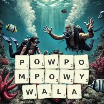 Kreatywna ilustracja do gry w Scrabble ze słowem POWPOMPOWYWALA ułożonym z płytek na planszy.