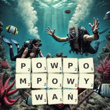Kreatywna ilustracja do gry w Scrabble ze słowem POWPOMPOWYWAŃ ułożonym z płytek na planszy.