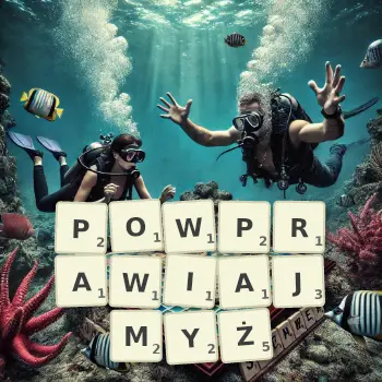 Kreatywna ilustracja do gry w Scrabble ze słowem POWPRAWIAJMYŻ ułożonym z płytek na planszy.