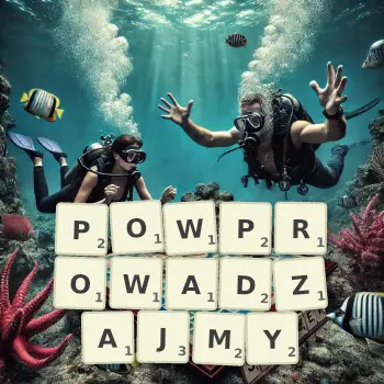 Kreatywna ilustracja do gry w Scrabble ze słowem POWPROWADZAJMY ułożonym z płytek na planszy.