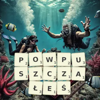 Kreatywna ilustracja do gry w Scrabble ze słowem POWPUSZCZAŁEŚ ułożonym z płytek na planszy.