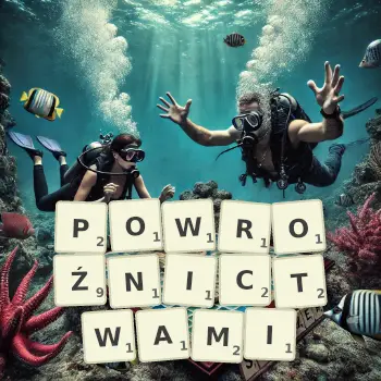 Kreatywna ilustracja do gry w Scrabble ze słowem POWROŹNICTWAMI ułożonym z płytek na planszy.