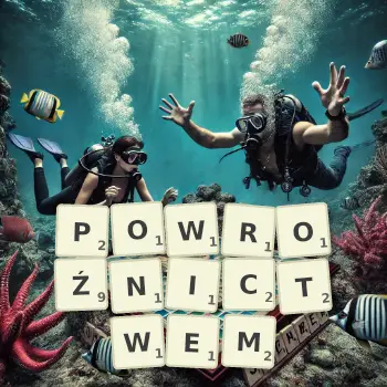 Kreatywna ilustracja do gry w Scrabble ze słowem POWROŹNICTWEM ułożonym z płytek na planszy.