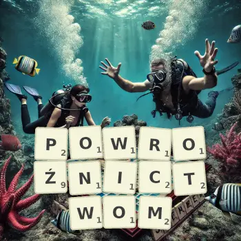Kreatywna ilustracja do gry w Scrabble ze słowem POWROŹNICTWOM ułożonym z płytek na planszy.