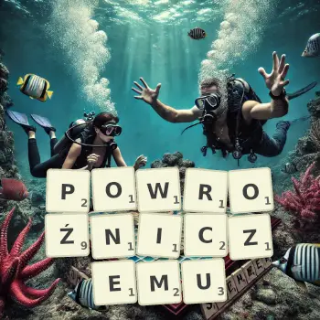 Kreatywna ilustracja do gry w Scrabble ze słowem POWROŹNICZEMU ułożonym z płytek na planszy.