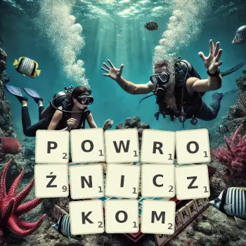 Kreatywna ilustracja do gry w Scrabble ze słowem POWROŹNICZKOM ułożonym z płytek na planszy.