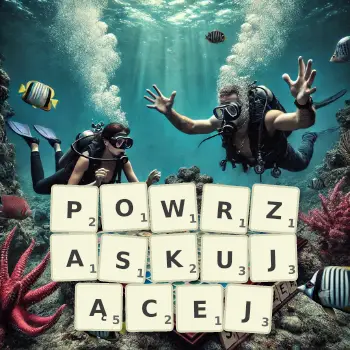 Kreatywna ilustracja do gry w Scrabble ze słowem POWRZASKUJĄCEJ ułożonym z płytek na planszy.