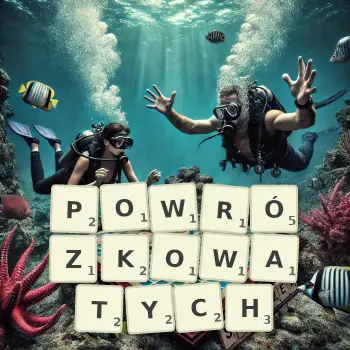 Kreatywna ilustracja do gry w Scrabble ze słowem POWRÓZKOWATYCH ułożonym z płytek na planszy.