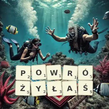Kreatywna ilustracja do gry w Scrabble ze słowem POWRÓŻYŁAŚ ułożonym z płytek na planszy.