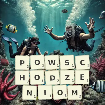 Kreatywna ilustracja do gry w Scrabble ze słowem POWSCHODZENIOM ułożonym z płytek na planszy.