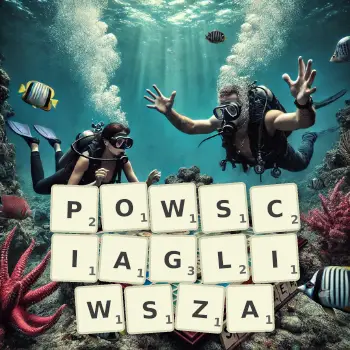 Kreatywna ilustracja do gry w Scrabble ze słowem POWSCIAGLIWSZA ułożonym z płytek na planszy.