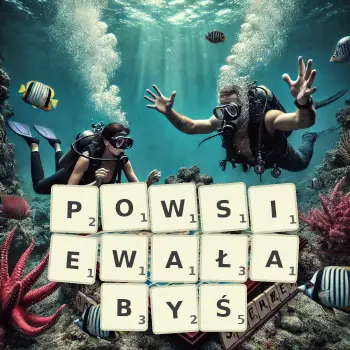 Kreatywna ilustracja do gry w Scrabble ze słowem POWSIEWAŁABYŚ ułożonym z płytek na planszy.