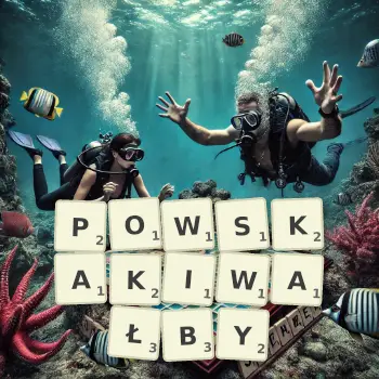 Kreatywna ilustracja do gry w Scrabble ze słowem POWSKAKIWAŁBY ułożonym z płytek na planszy.