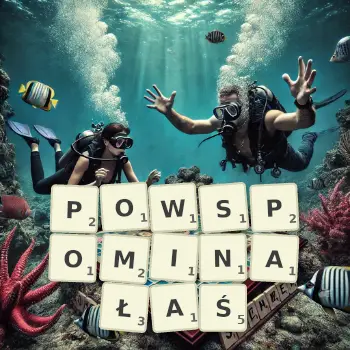 Kreatywna ilustracja do gry w Scrabble ze słowem POWSPOMINAŁAŚ ułożonym z płytek na planszy.