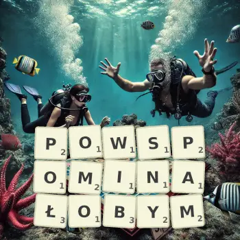 Kreatywna ilustracja do gry w Scrabble ze słowem POWSPOMINAŁOBYM ułożonym z płytek na planszy.