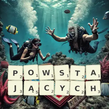 Kreatywna ilustracja do gry w Scrabble ze słowem POWSTAJĄCYCH ułożonym z płytek na planszy.