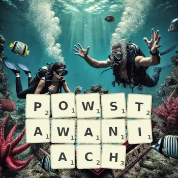 Kreatywna ilustracja do gry w Scrabble ze słowem POWSTAWANIACH ułożonym z płytek na planszy.