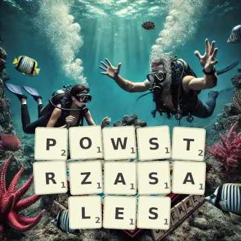 Kreatywna ilustracja do gry w Scrabble ze słowem POWSTRZASALES ułożonym z płytek na planszy.