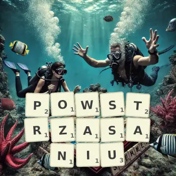 Kreatywna ilustracja do gry w Scrabble ze słowem POWSTRZASANIU ułożonym z płytek na planszy.