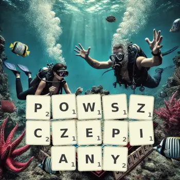 Kreatywna ilustracja do gry w Scrabble ze słowem POWSZCZEPIANY ułożonym z płytek na planszy.