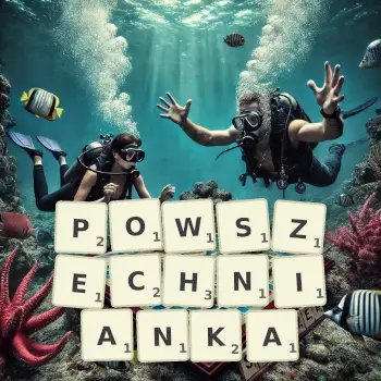 Kreatywna ilustracja do gry w Scrabble ze słowem POWSZECHNIANKA ułożonym z płytek na planszy.