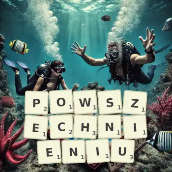 Kreatywna ilustracja do gry w Scrabble ze słowem POWSZECHNIENIU ułożonym z płytek na planszy.