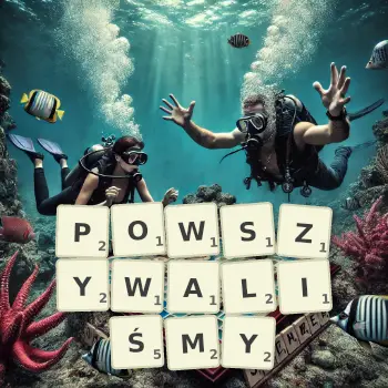 Kreatywna ilustracja do gry w Scrabble ze słowem POWSZYWALIŚMY ułożonym z płytek na planszy.