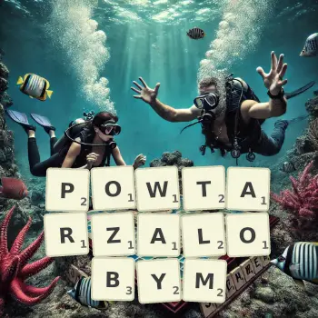 Kreatywna ilustracja do gry w Scrabble ze słowem POWTARZALOBYM ułożonym z płytek na planszy.