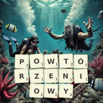 Kreatywna ilustracja do gry w Scrabble ze słowem POWTÓRZENIOWY ułożonym z płytek na planszy.