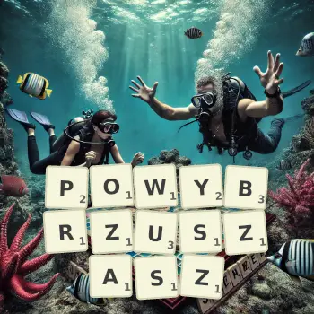Kreatywna ilustracja do gry w Scrabble ze słowem POWYBRZUSZASZ ułożonym z płytek na planszy.