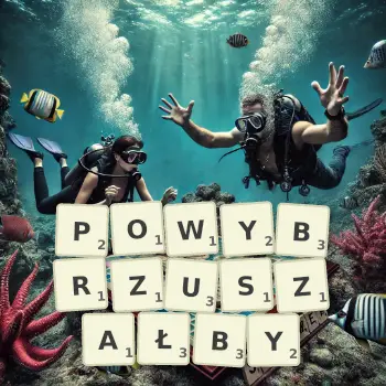 Kreatywna ilustracja do gry w Scrabble ze słowem POWYBRZUSZAŁBY ułożonym z płytek na planszy.