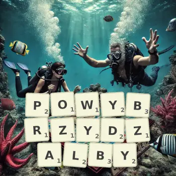 Kreatywna ilustracja do gry w Scrabble ze słowem POWYBRZYDZALBY ułożonym z płytek na planszy.