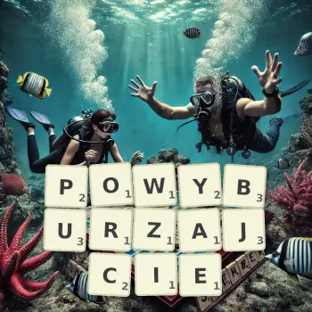 Kreatywna ilustracja do gry w Scrabble ze słowem POWYBURZAJCIE ułożonym z płytek na planszy.