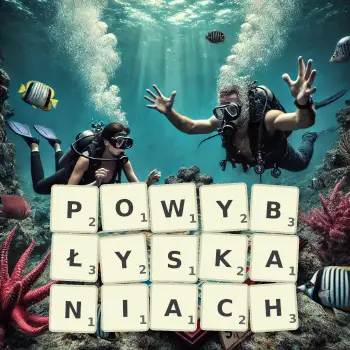 Kreatywna ilustracja do gry w Scrabble ze słowem POWYBŁYSKANIACH ułożonym z płytek na planszy.