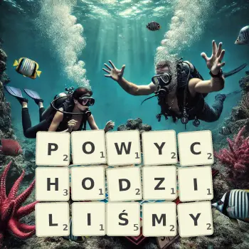 Kreatywna ilustracja do gry w Scrabble ze słowem POWYCHODZILIŚMY ułożonym z płytek na planszy.
