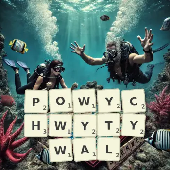 Kreatywna ilustracja do gry w Scrabble ze słowem POWYCHWYTYWAL ułożonym z płytek na planszy.