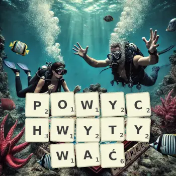 Kreatywna ilustracja do gry w Scrabble ze słowem POWYCHWYTYWAĆ ułożonym z płytek na planszy.