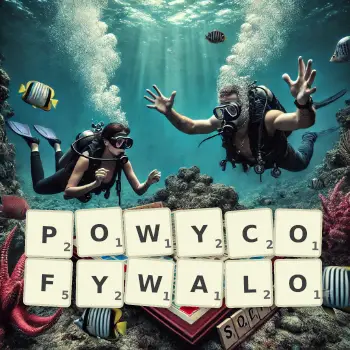 Kreatywna ilustracja do gry w Scrabble ze słowem POWYCOFYWALO ułożonym z płytek na planszy.