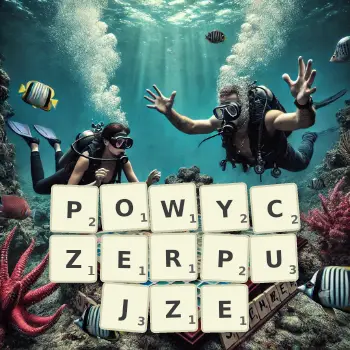 Kreatywna ilustracja do gry w Scrabble ze słowem POWYCZERPUJZE ułożonym z płytek na planszy.