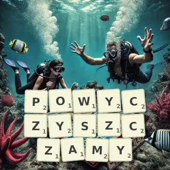 Kreatywna ilustracja do gry w Scrabble ze słowem POWYCZYSZCZAMY ułożonym z płytek na planszy.