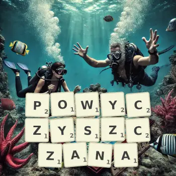 Kreatywna ilustracja do gry w Scrabble ze słowem POWYCZYSZCZANA ułożonym z płytek na planszy.