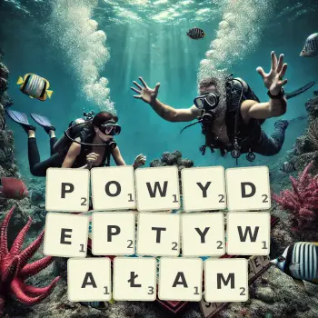 Kreatywna ilustracja do gry w Scrabble ze słowem POWYDEPTYWAŁAM ułożonym z płytek na planszy.